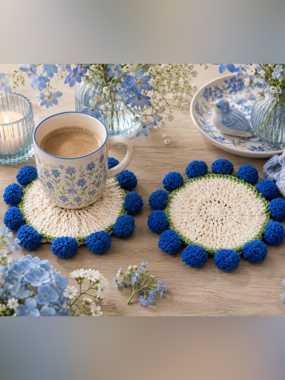Handmade Crochet Blue Rose Coasters / Trivets